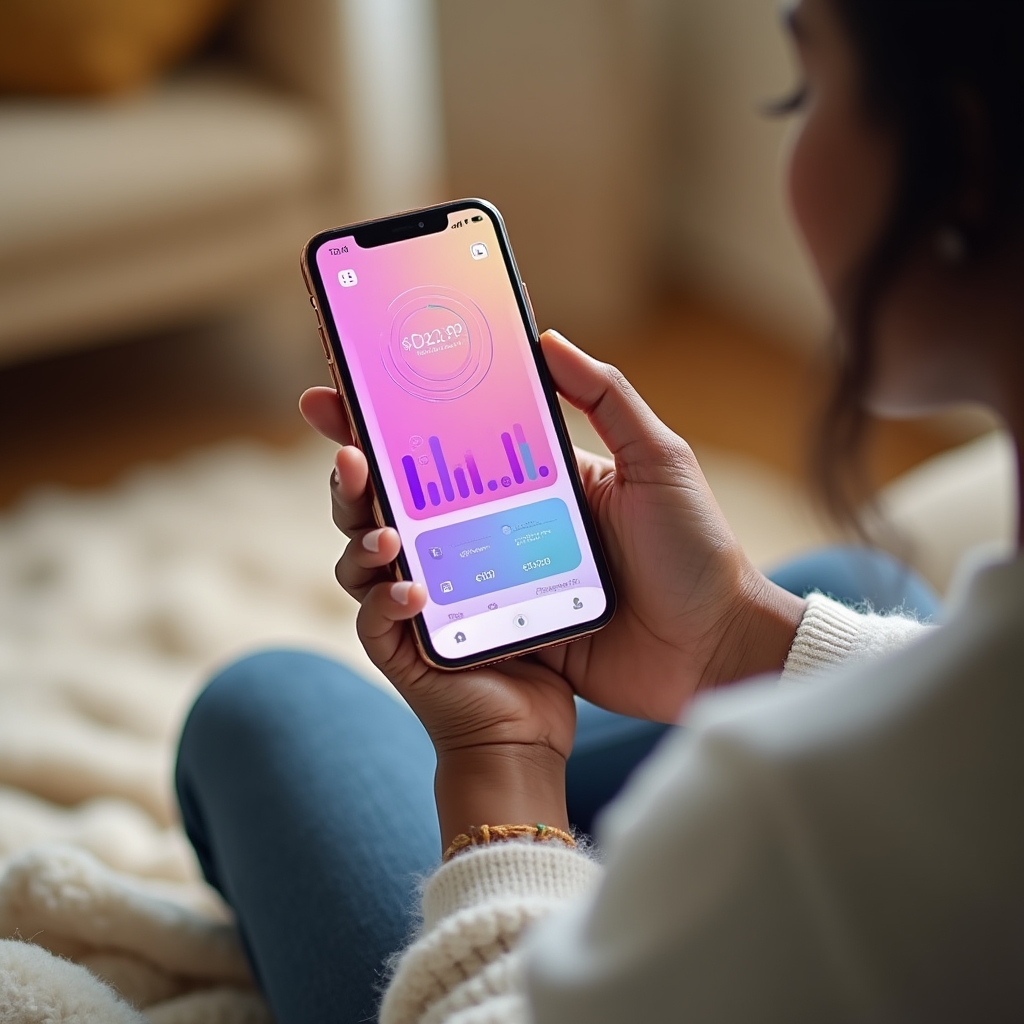 Person using a budget tracking app on a smartphone in a home setting