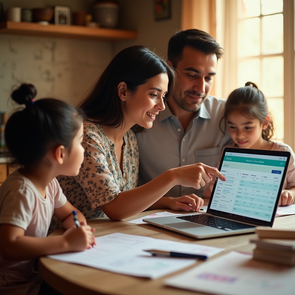 Mexican family reviewing their monthly budget together at a table