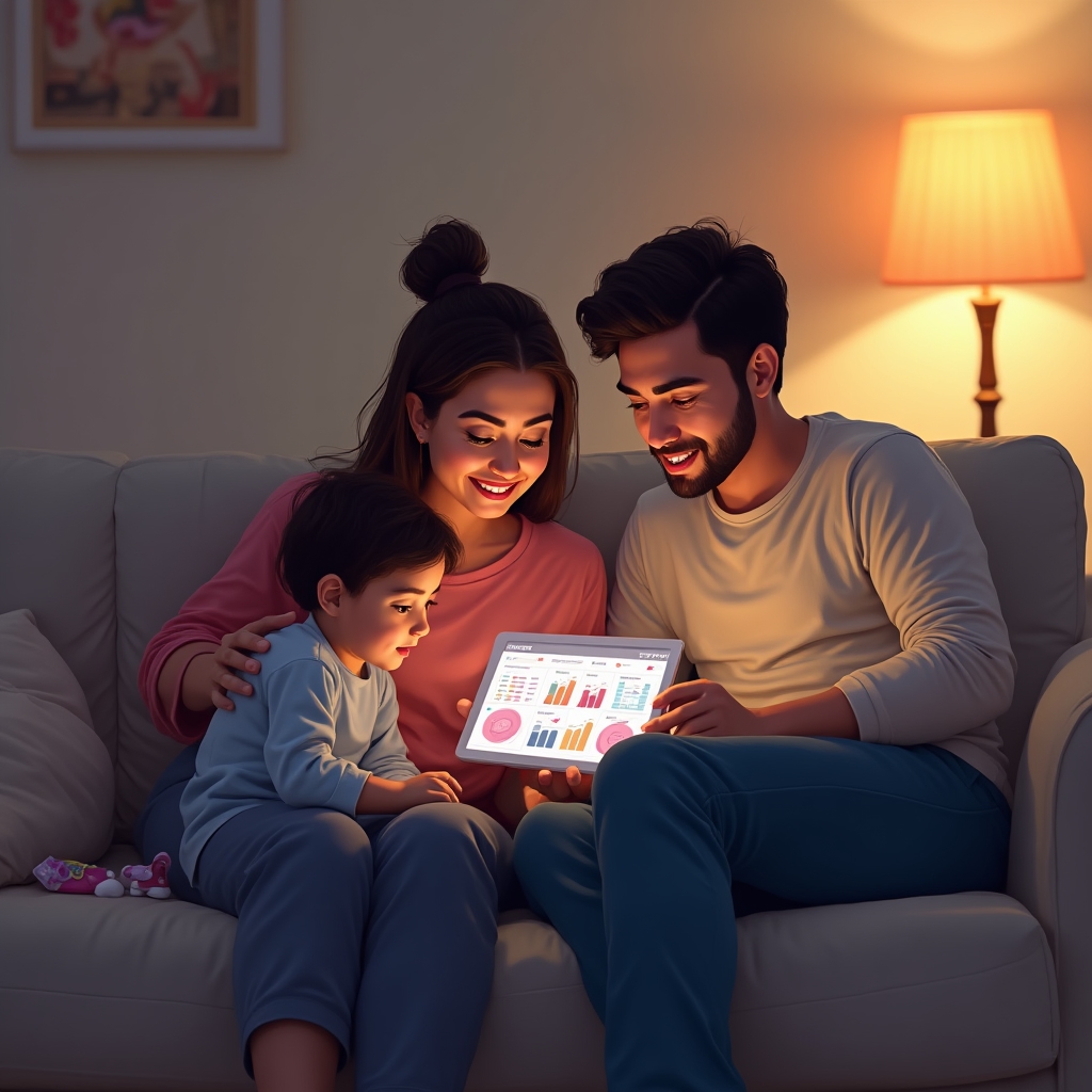 Parents and child looking at a tablet together on the couch, discussing household finances