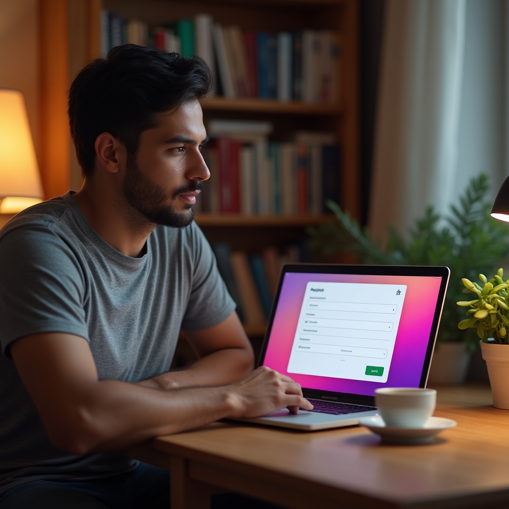 Person creating an account on a laptop at home, warm comfortable setting