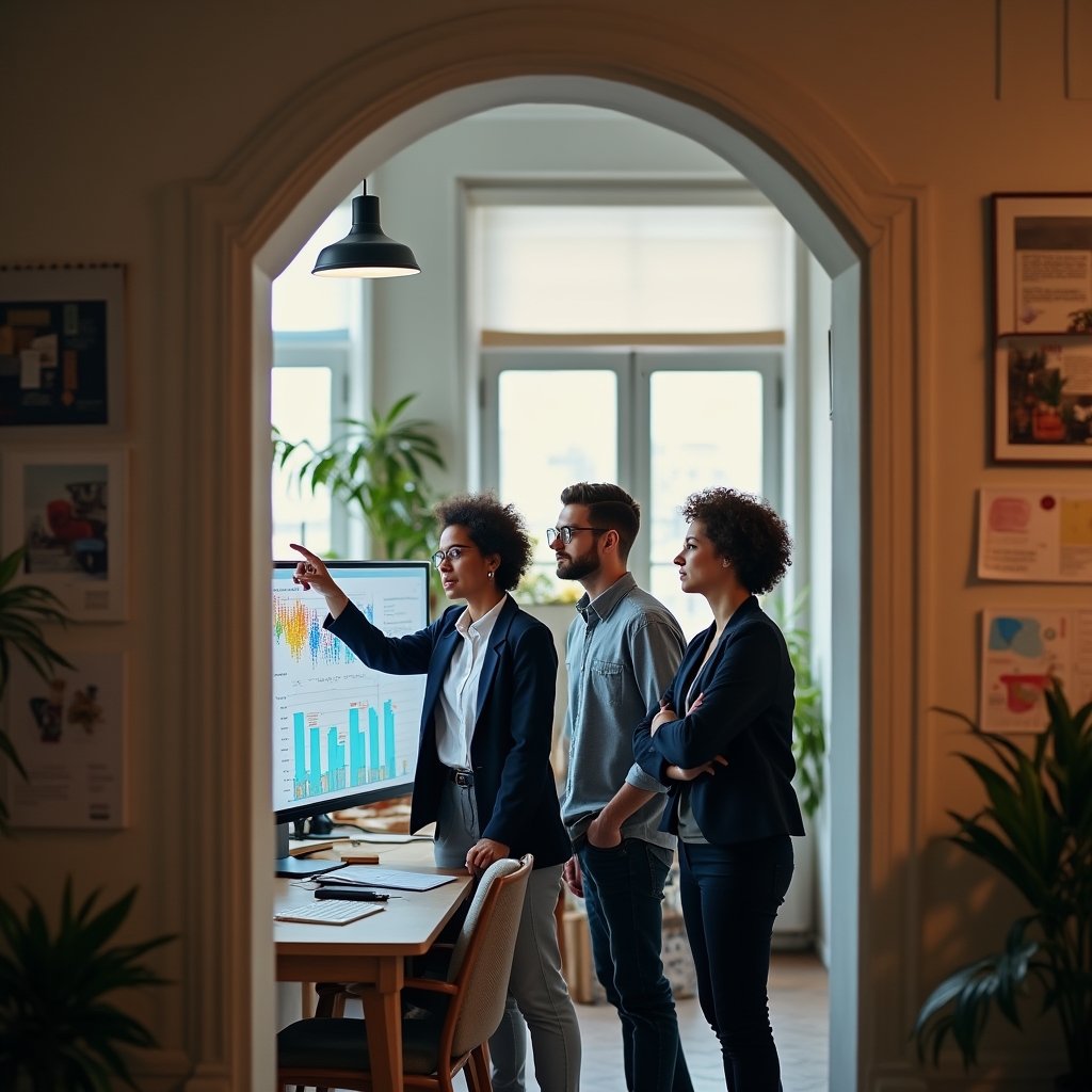 Team working together in a creative office environment, reviewing project on screen